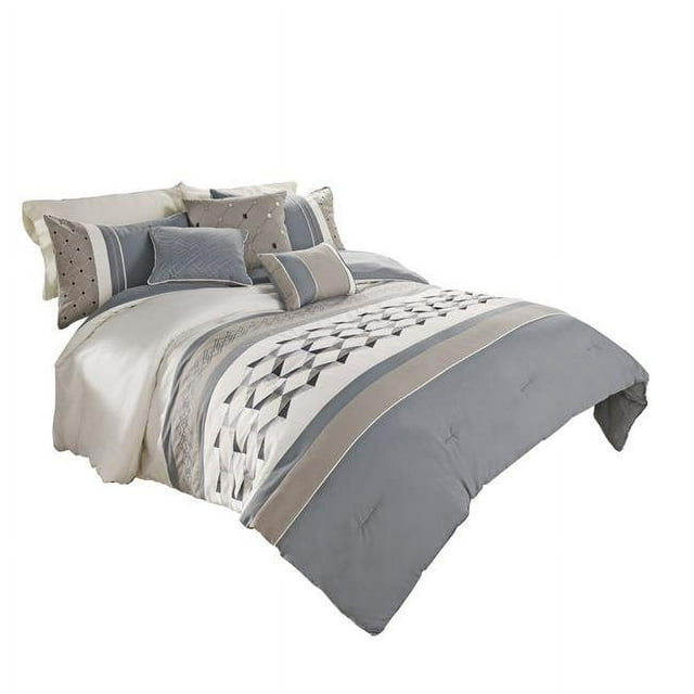 Benjara BM227298 Polyester Comforter Set with Geometric Design, Blue & Gray - King Size - 7 Piece