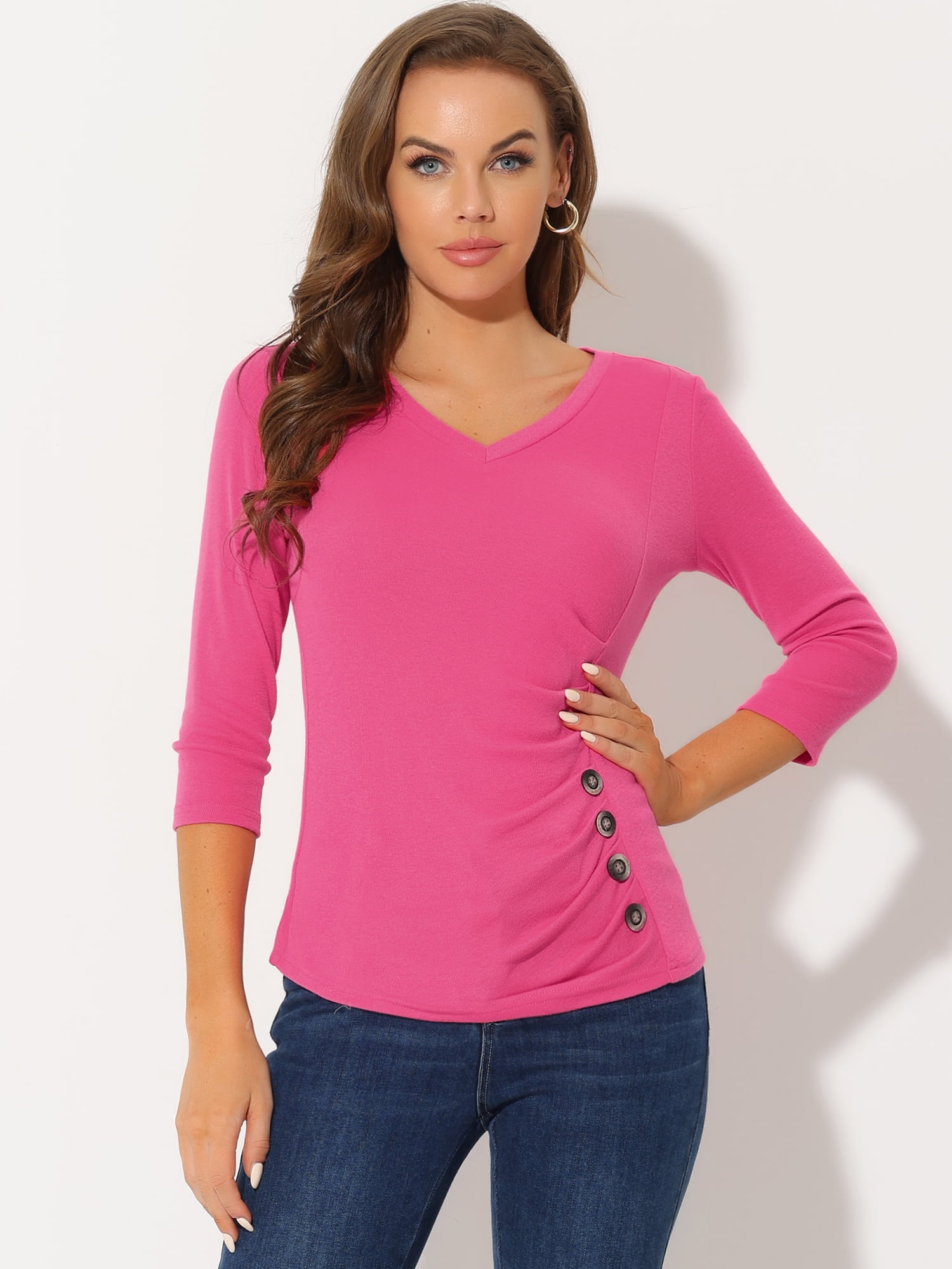DARING DIVA V Neck 3/4 Sleeve Ruched Blouses Tops 3XL Hot Pink