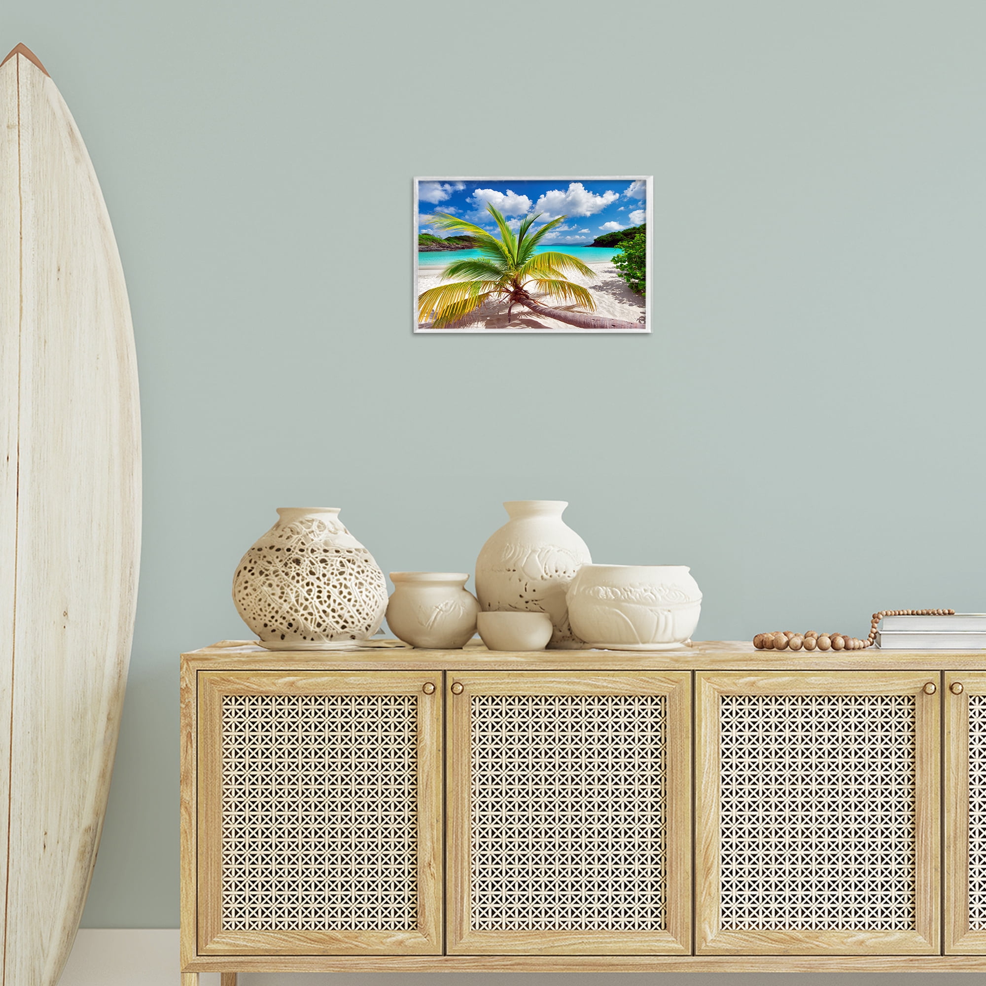 Stupell Industries Palm Tree Across Beach Coastal Photography White Framed Art Print Wall Art, 18 x 12