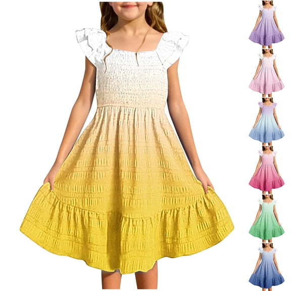 Gunia Teen Girls Hawaiian Dress Sleeveless Gradient Cute Double Layer Ruffle Sleeve Smocked Flowy Sundress For Holiday Beach Yellow Dress For Girls 4-16 Years