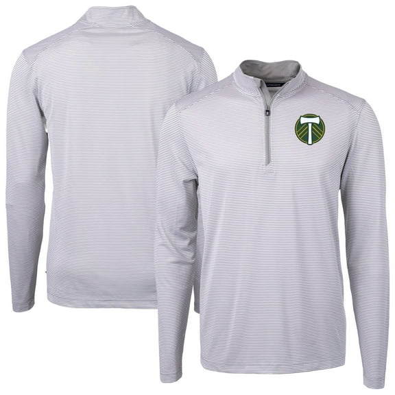 Men's-Cutter & Buck  Gray Portland Timbers Virtue Eco Pique Micro Stripe Recycled Quarter-Zip Top