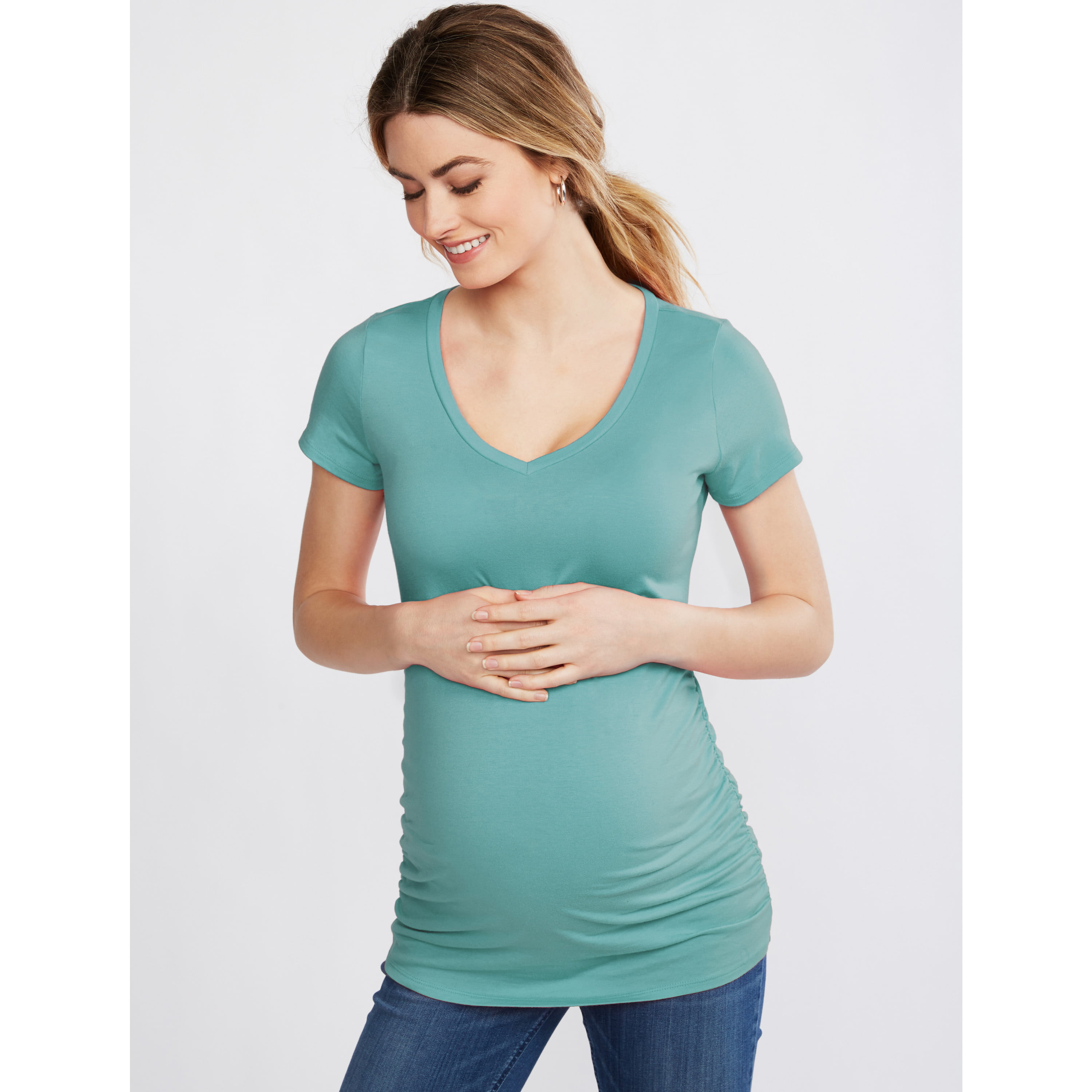 Womens Maternity Tops V Neck Short Sleeve Pregnancy Shirts Basic Side Ruched Mama T-Shirt
