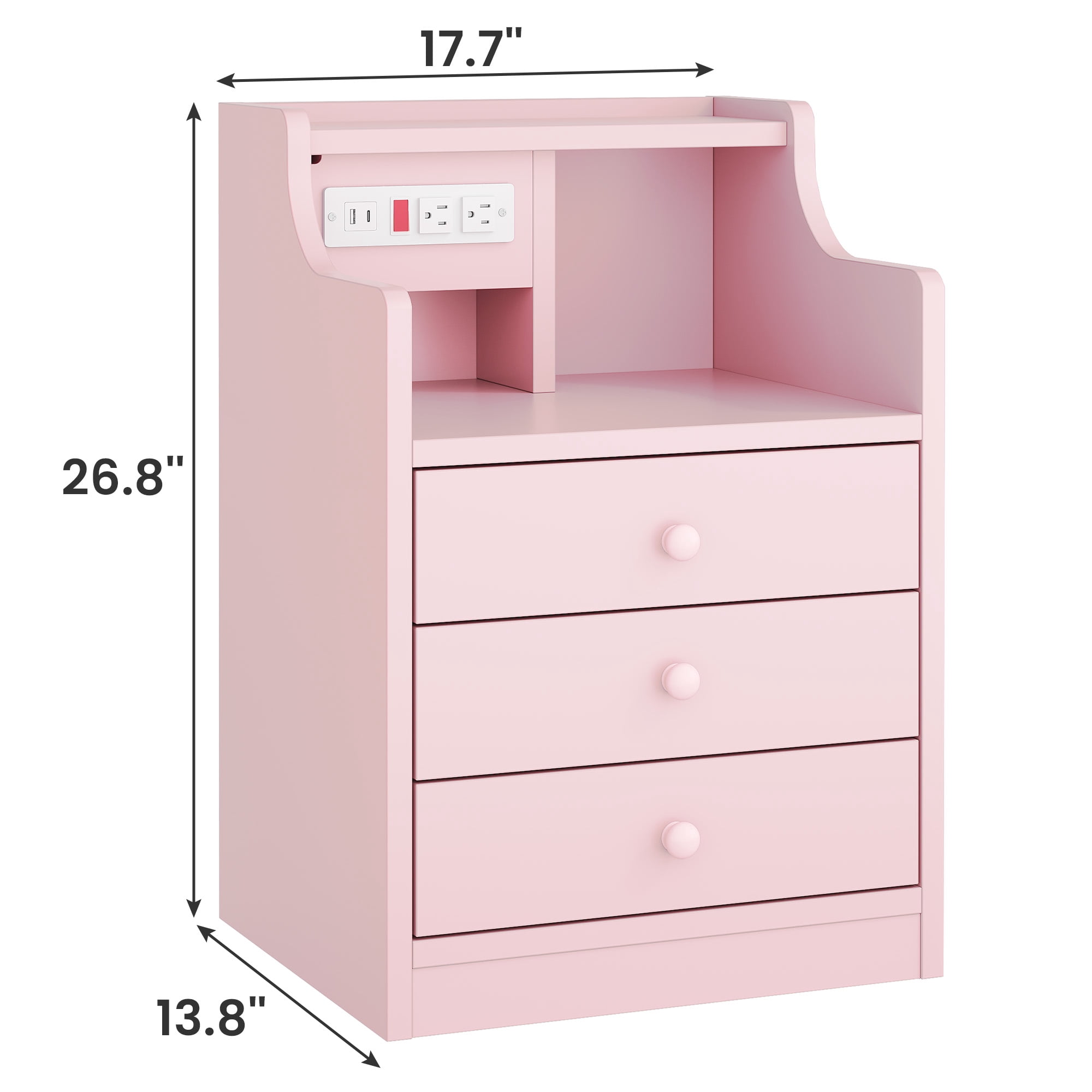 Pink Nightstand with Charging Station and LED Lights for Bedroom, Morden Night Stand with Hutch and Storage Drawers,End Side Table- 1Pcs