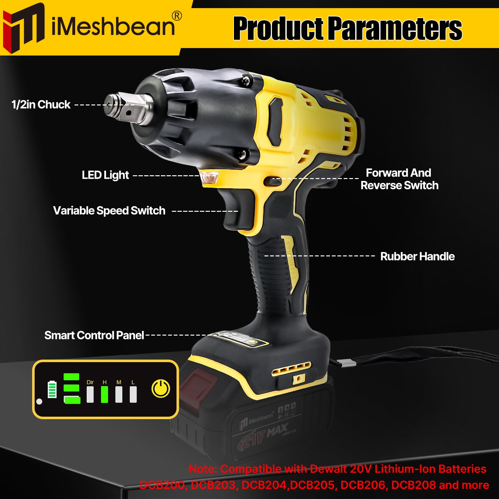 iMeshbean 1/2 inch Cordless Impact Wrench 1000N.m High Torque Power Brushless Drill 3 IN 1 Screwdriver Socket Tools