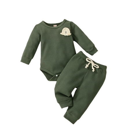 

Infant Baby Clothes Waffle Long Sleeve Rainbow Romper and Solid Color Tie-up Trousers Clothing Sets
