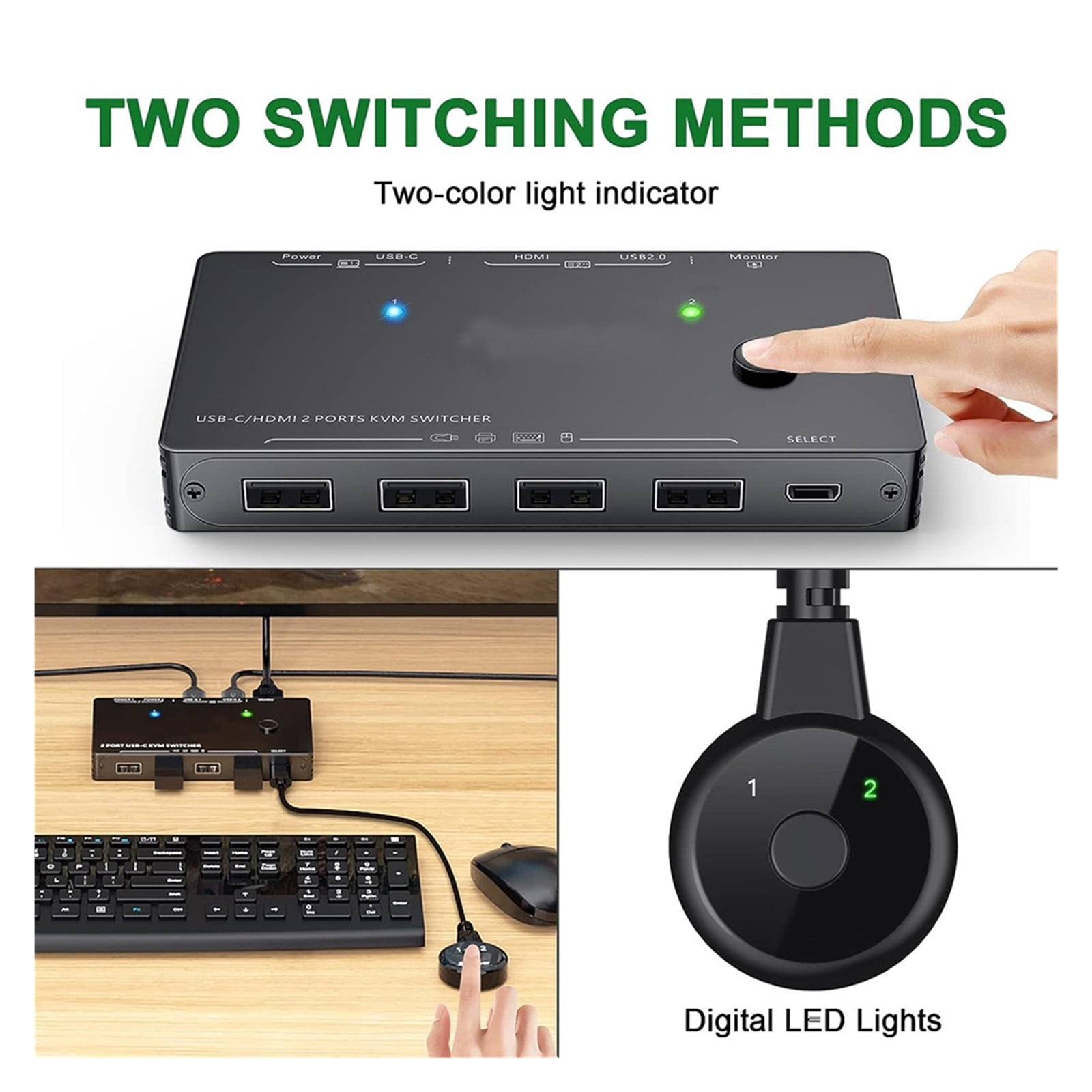 2-Port 4K 60Hz USB-C Hub, Smart KVM Switch for Monitor & Mouse