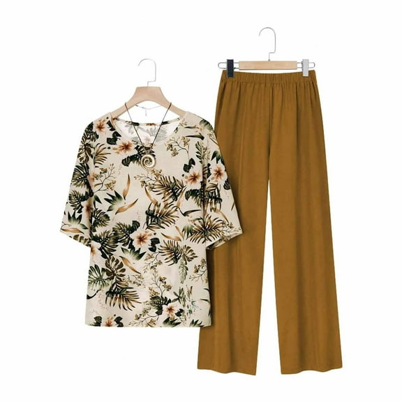 Runfenguu Summer Outfits For Women 2025 Vacation Women'S Plus Size Set Printed Short Sleeved Solid Color Pants Casual Loose Short Sleeved Round Neck Top/Shirt Set
