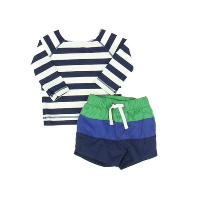 

Pre-owned Hanna Andersson Boys Blue | White | Green | Stripes 2-piece Swimsuit size: 3-6 Months