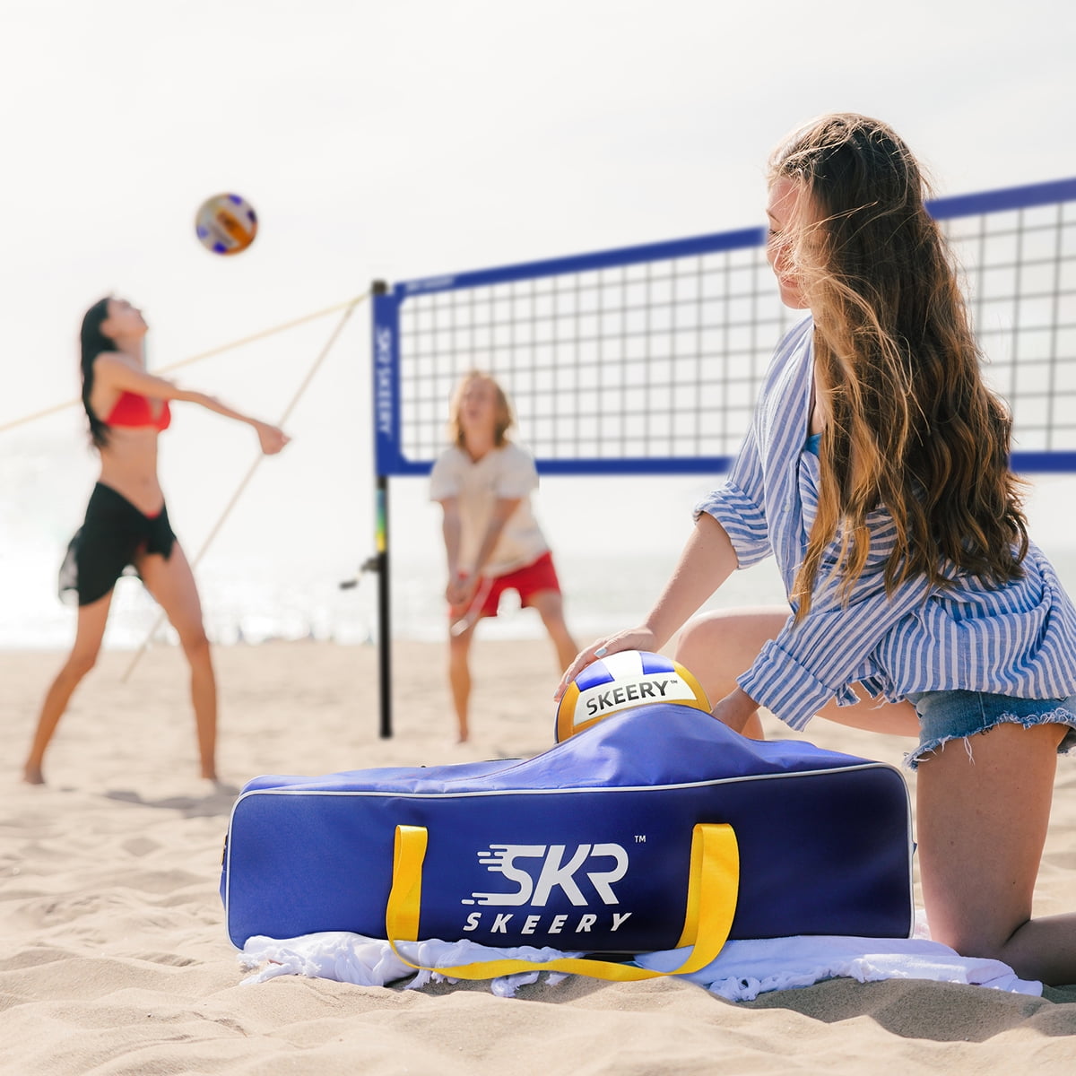 SKEERY Outdoor Heavy Duty Volleyball Net Set, Anti-Sag Design, Adjustable Aluminum Poles, Portable Volleyball Net for Backyard,Grass and Beach（Blue）