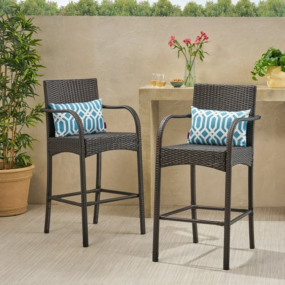 Noble House Cascada Outdoor Wicker Barstool Chair in Brown (Set of 2)