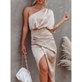 thumbnail image 2 of Women's One Shoulder Satin Wrap Dress with Side Slit in 100% Acrylic Fabric for Elegant Evening Occasions and Nights, 2 of 22