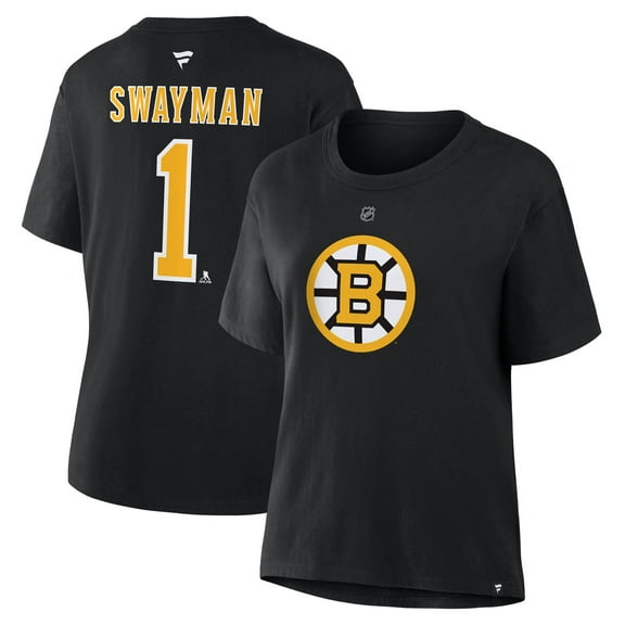 Women's Fanatics Jeremy Swayman Black Boston Bruins Authentic Stack Name & Number T-Shirt