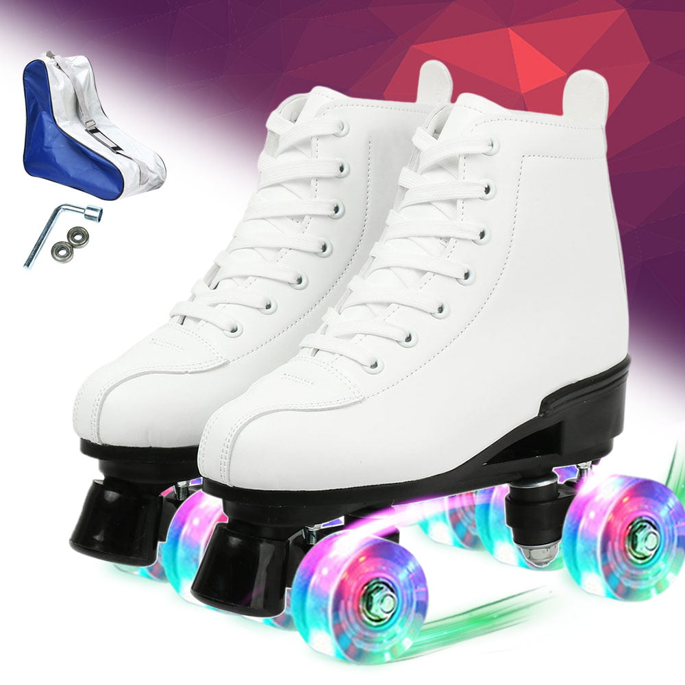 Leather High-top Double Row Skates with Shiny Wheel Light-Up Four-Wheel Roller Skates for Indoor Outdoor Roller Skates for Women Girls 