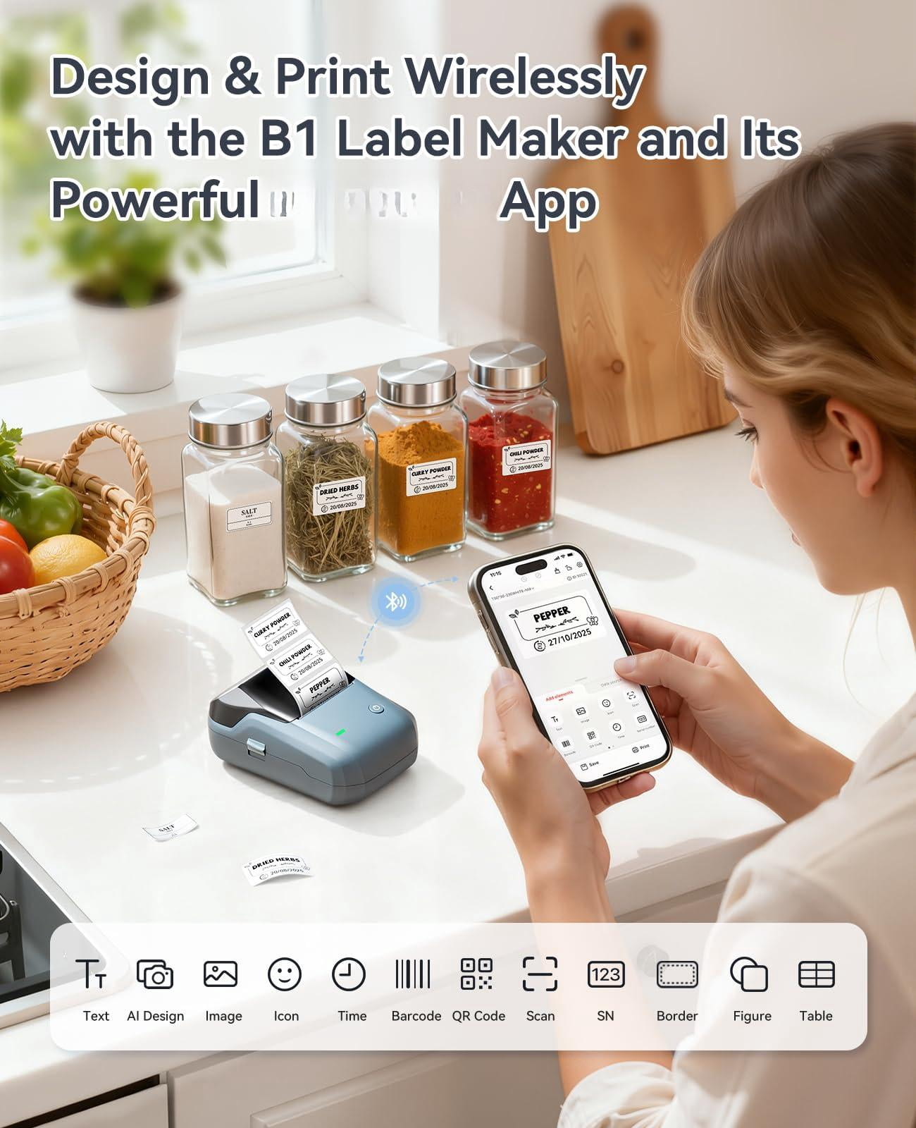 B1 Label Maker Machine With Tape  2 Inch Portable Printer Thermal Multiple Templates For Small Business Office Home School (blue 1 Printer+1 Roll Label)