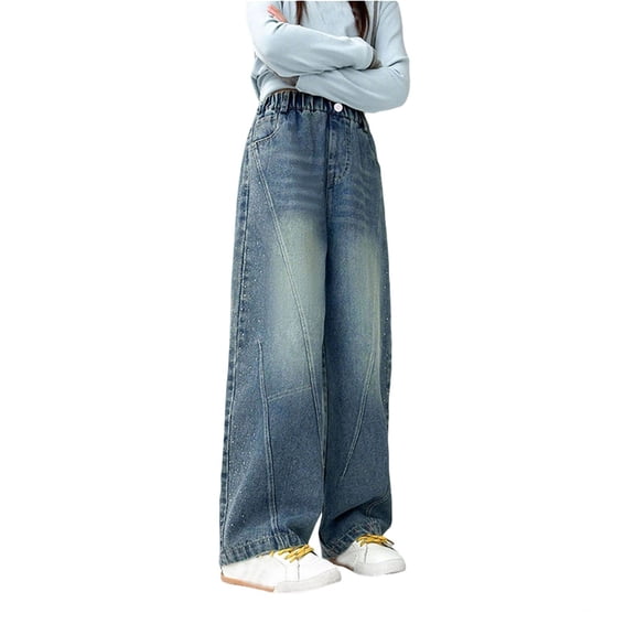 Jeans for Girls Straight Leg Baggy Wide Leg Denim Pants High Waist Casual Girl Streetwear Trousers 3-14Y