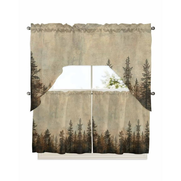 Forest Tree Kitchen Curtains Swag Valance and Tier Curtains Set 24 Inch Length, Modern Vintage Winter Fall Natural Plant Rod Pocket Drape Panels Pair Swag Curtains for Bathroom/Cafe/Window