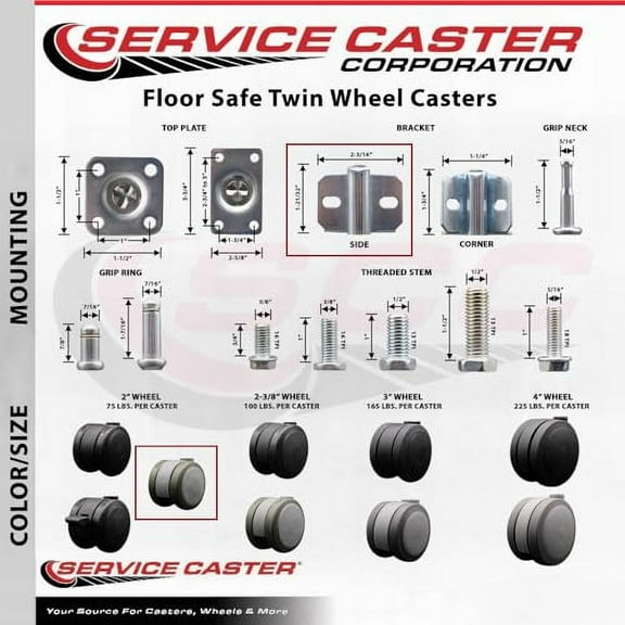 G3C9326L2 Inch Swivel Caster Wheels for Furniture - Thermoplastic Rubber Gray Hooded Twin Wheel with Side Mount Bracket - 300 lbs. Total Capacity - Set of 4 - Service Caster Brand