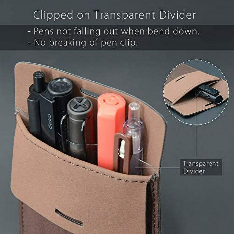 diodrio Pocket Protector Leather Pen Pouch Holder Organizer for Shirts Lab Coats Hold 5 Pens Designed to Keep Pens Inside When Bend Down. No Breaking of