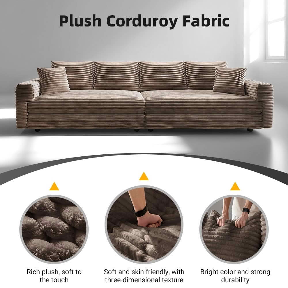 MAYEERTY 102.4" Plush Corduroy 4‑Seat Cloud Sofa, Modern Comfy Upholstered Deep Seat Couch with Soft Pillows & 2 Movable Ottomans, Convertible Sofa Lounge Chair for Living Room