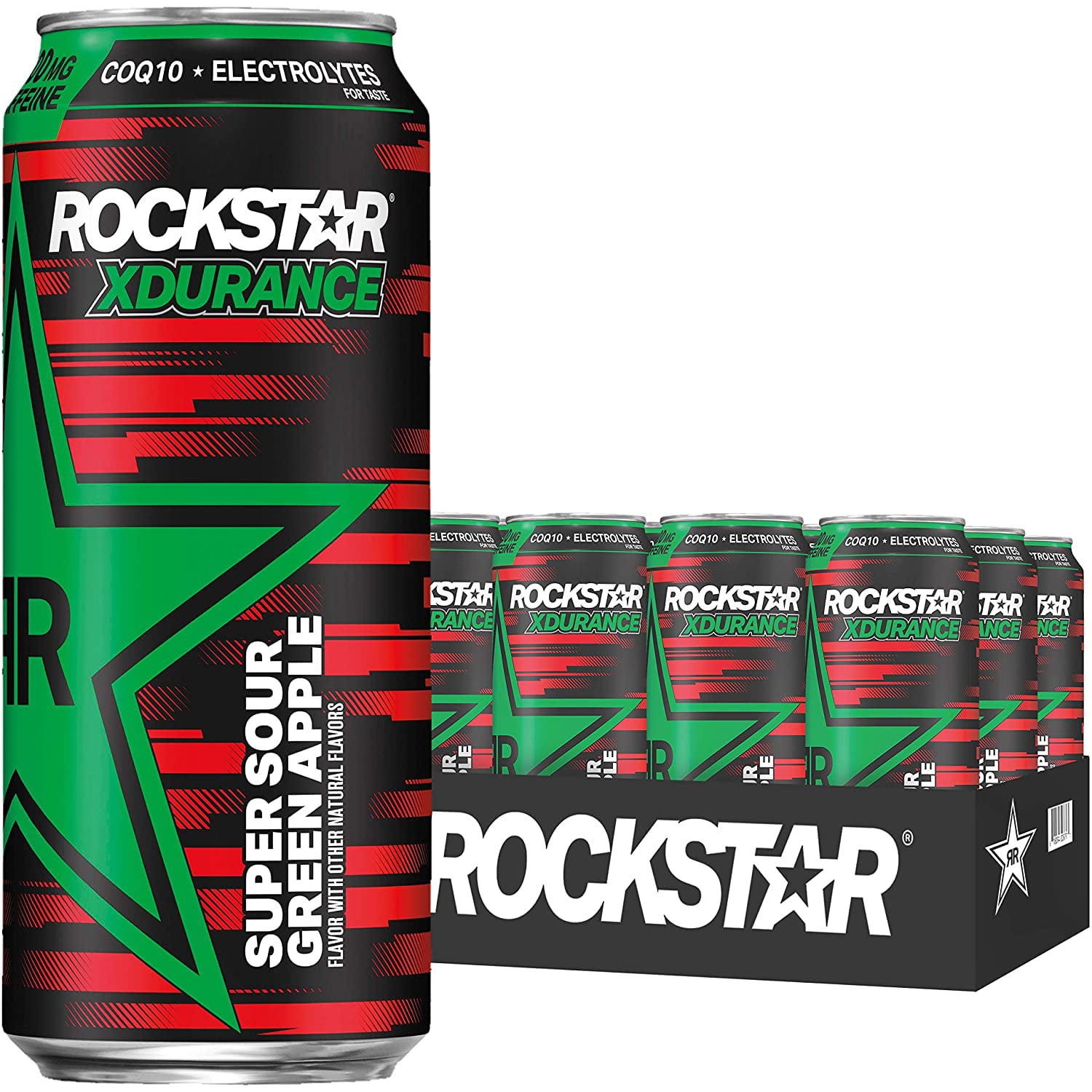 Rockstar Energy Drink Super Green sugar COQ10 and Electrolytes 16oz Cans Pack Packaging May Vary, Xdurance Sour Apple, 12 Count