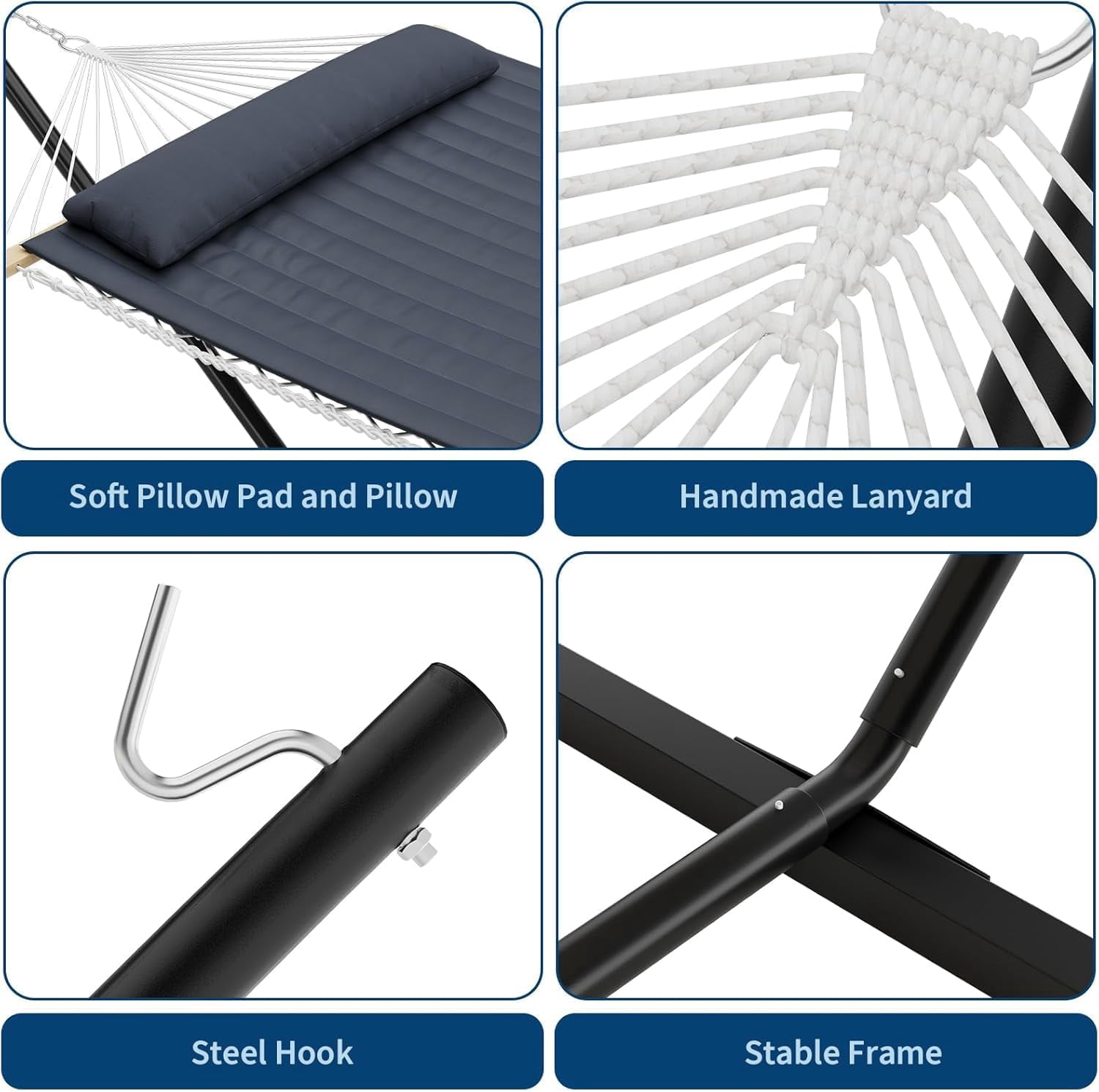 Aoile Double Hammock with Foldable Steel Stand, 2-Person Outdoor Hammock with Pillow, 450LB Capacity, for Garden & Camping