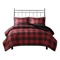 Pemberly Row 88x92" Faux Wool to Faux Fur Comforter Set - Red Buffalo Check