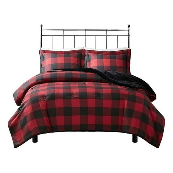 Pemberly Row 88x92" Faux Wool to Faux Fur Comforter Set - Red Buffalo Check