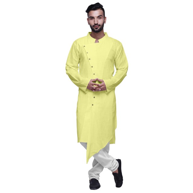 Atasi Kurta pour Homme en Satin de Coton, Col Chinois Uni, Kurta Long pour Homme