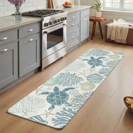 Summer Washable Runner Rug 2X5 ft Teal Blue Khaki Coastal Ocean Sea Turtle Coral Seashell Non-Slip Hallway Runner Rug Linen Kitchen Runner Mats Indoor Floor Carpet for Entryway Bathroom Bedroom