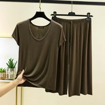 LADIGASU Women's Loose Solid Color T-shirt Wide Leg Pants Home Wear Two-piece Short Sleeve V-Neck Shirts Sets