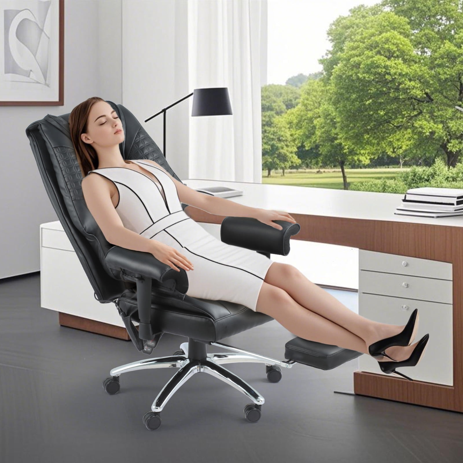 6-Point Massage Office Chair with Heating – Premium Ergonomic Executive Chair with Retractable Footrest & Reclining Function