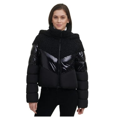 DKNY Womens Mixed Media Hooded Cropped Puffer Jacket, Black, X-Large