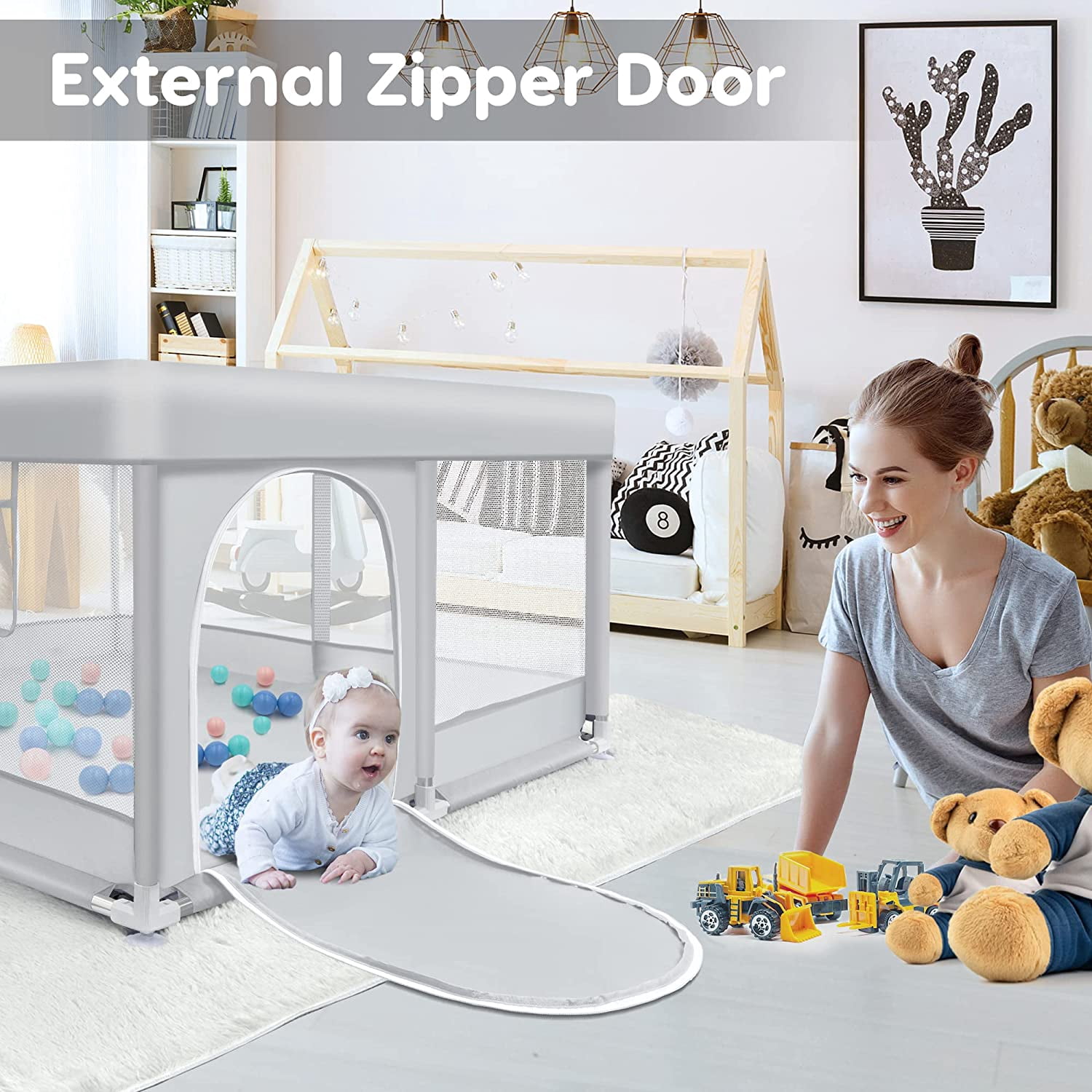 Ajulkrio Baby Playpen for Babies and Toddlers, Play Fence Gate Play Pen for Unisex Kid Grey 50x50x27 inch