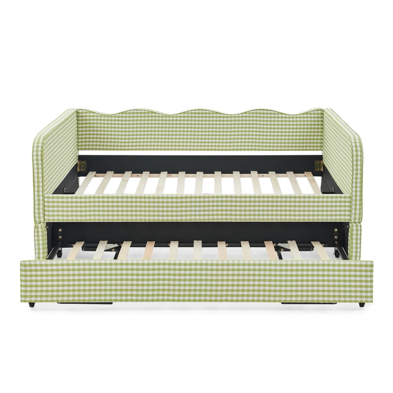 Full Size Daybed with Pop Up Trundle, Gingham Twin to King Daybed with Side Storage Pockets, Upholstered Sofa Bed Frame for Living Room Bedroom, No Box Spring Needed