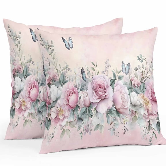 Ombre Pink Rose Butterfly Outdoor Pillow Covers Pack of 2 Vintage Flowers Waterproof Throw Pillow Covers Decorative Cushion Cases for Patio Garden Tent Balcony Couch 18x18 inch