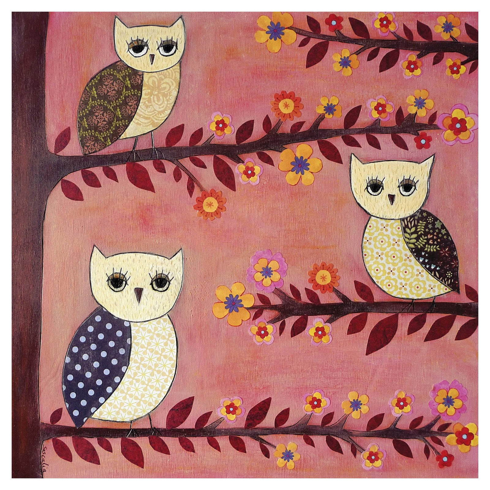 Marmont Hill "3 Wise Owls" by Sascalia Painting Print on Wrapped Canvas