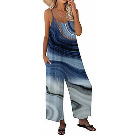 

Voncos Womens Pants Clearance- Women Print Jumpsuit Pajamas Casual Sling Wide Leg Long Pants Bikinis Navy XL