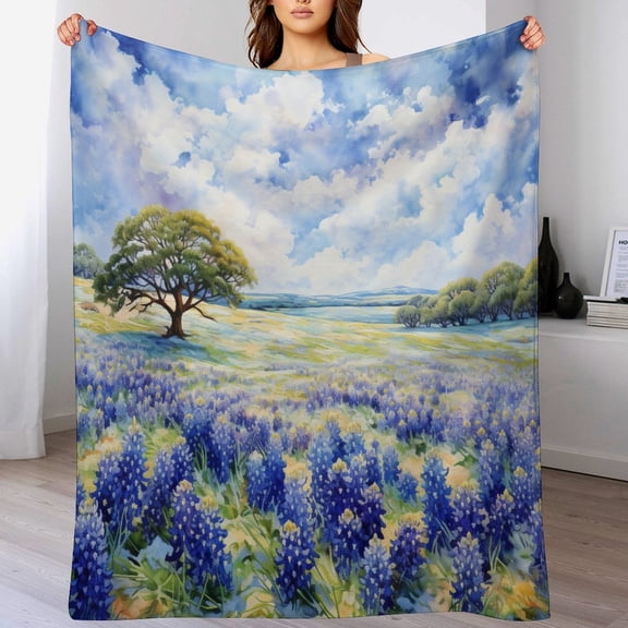 Decorative Flannel Blanket Bluebonnets Field Soft Cozy Flannel Fleece Throw Blanket for Bed Sofa Couch Watercolor Wild Lupines Flower Nature Throw Blanket Unique Ideas Girls Boys 60"x80"