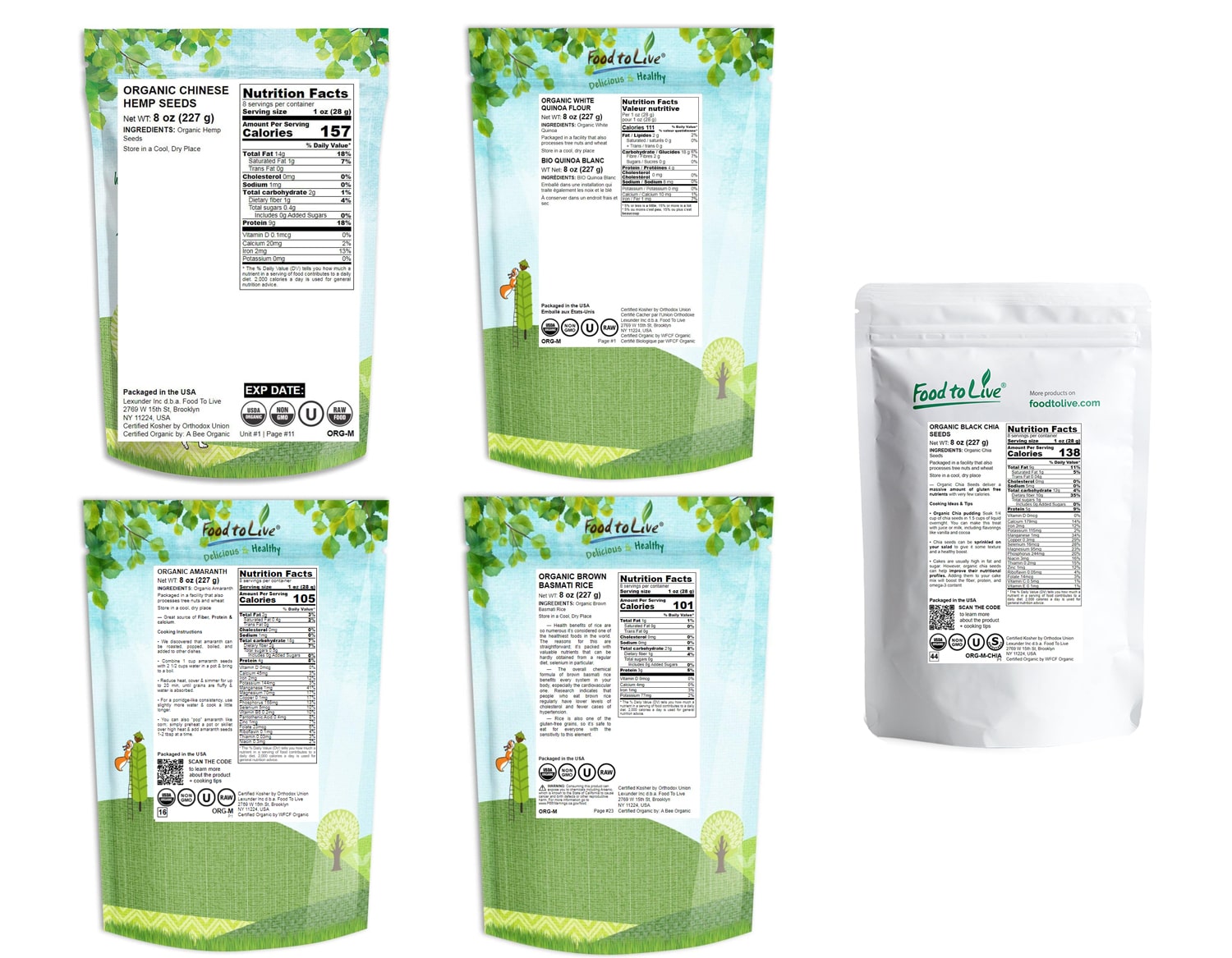 Organic Super Seeds in a Gift Box - Hemp Seeds,  White Quinoa, Amaranth, Brown Basmati Rice, and Chia Seeds