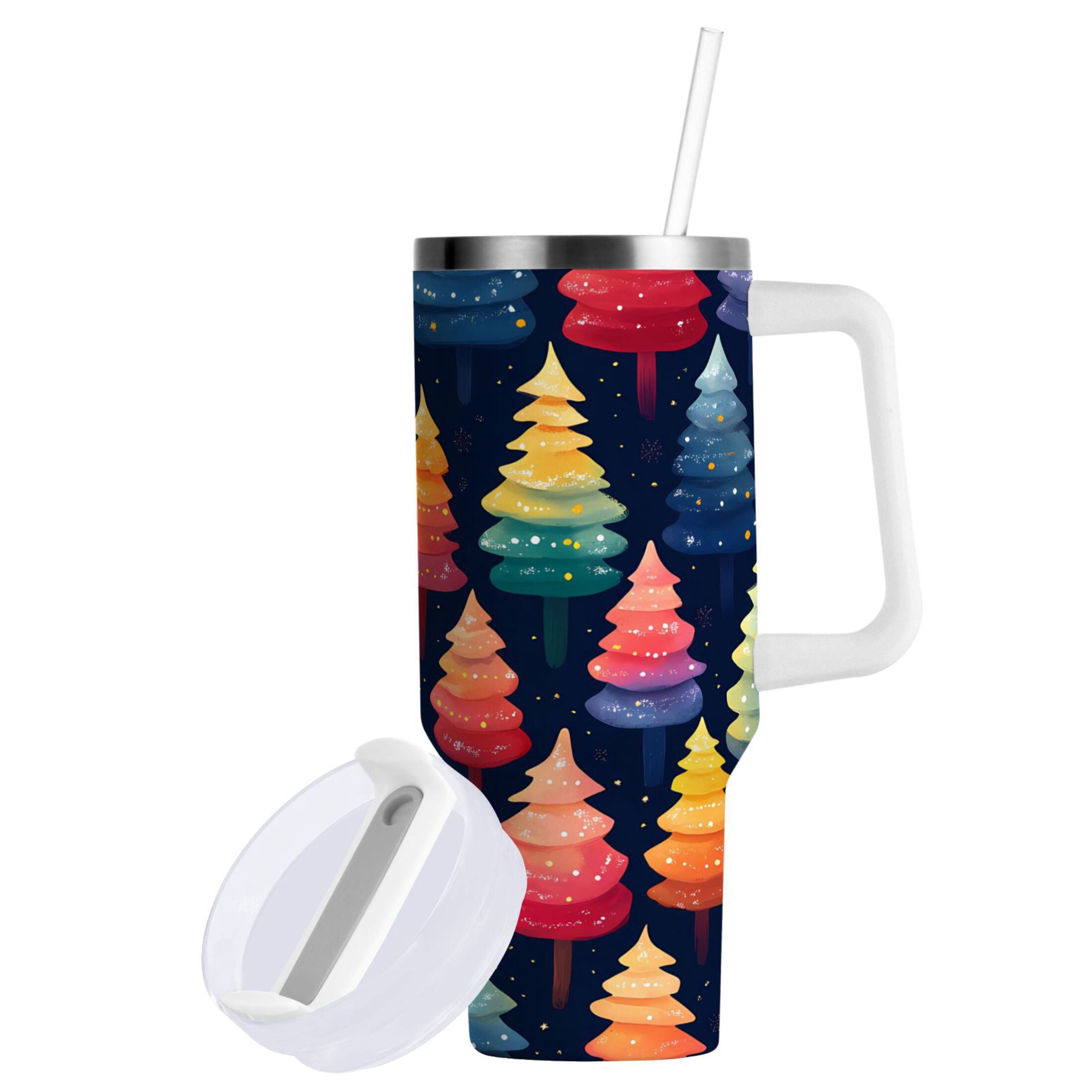 Colorful Christmas Tree Tumbler with Handle and Straw Lid 40 oz Insulated Vacuum Water Bottle Stainless Steel Travel Cup