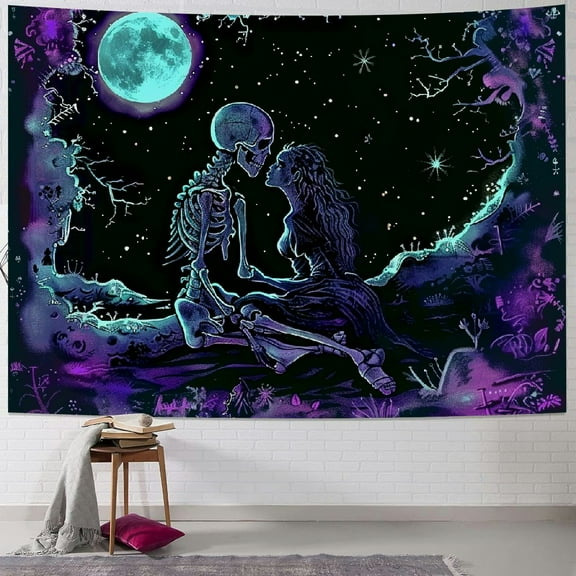 JRXY Skull  Tapestry The Kissing Lover Couple Skeleton Tapestry Stars Moon Sun Floral Wreath Wall Tapestry Decor Painting