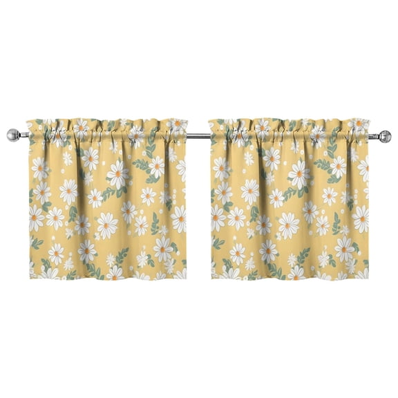 Country Daisy Farm Theme Kitchen Curtains 2 Piece - Yellow White Watercolor Print Window Treatment, 27.5x24 Inch