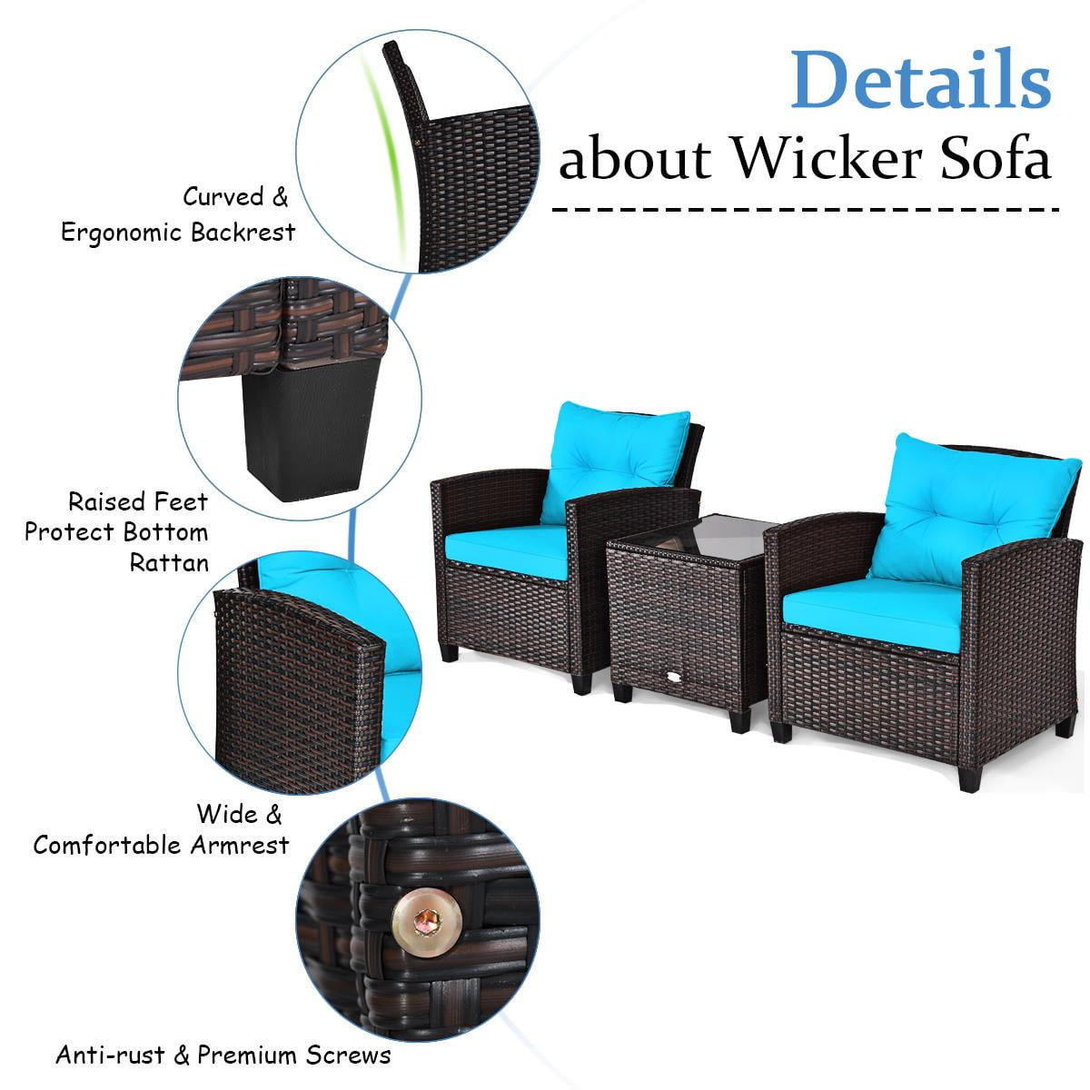 Giantex 3 Pieces Patio Furniture Set, PE Rattan Wicker 3 Pcs Outdoor Sofa Set w/Washable Cushion and Tempered Glass Tabletop, Conversation Furniture for Garden Poolside Balcony (Turquosize)
