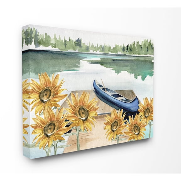 The Stupell Home Decor Collection Rowboat on a Calm Lake with Sunflowers Watercolor Painting Oversized Stretched Canvas Wall Art, 24 x 1.5 x 30