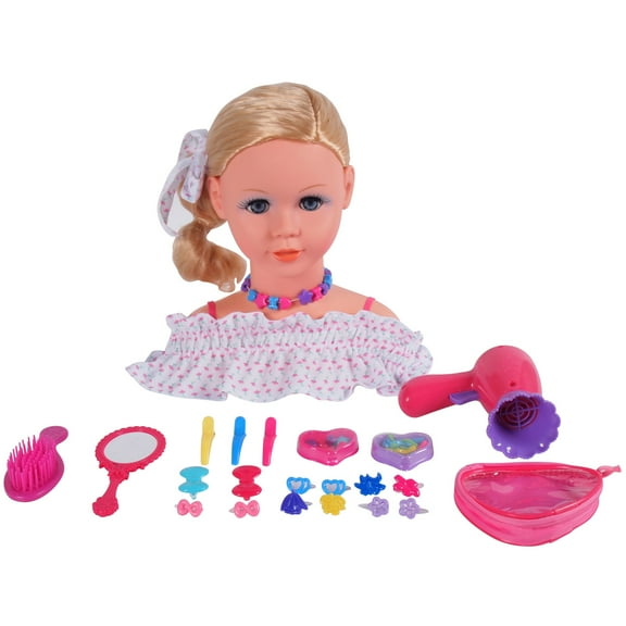Dream Collection: Gi-Go - Hair Styling Set - Blonde Doll Head - Pink & White, Practice Salon, Beauty Play, Toy Blow Dryer, Clips & Ribbons, Kids 3 