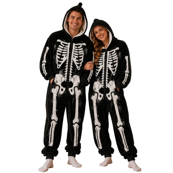 BOOMNY Halloween Flannel Pajamas Jumpsuit for Men And Women Hallowmas Skeleton Graphic Long Sleeve Hooded Pjs Jumpsuit Cozy Warm Loungewear Homewear