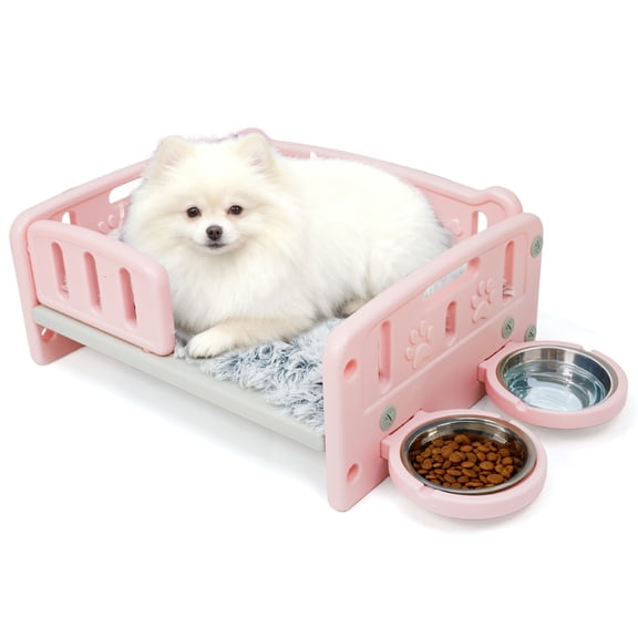 Small Dog Bed with Cushion & Bowls, Plastic Pet Bed for Puppies and Small Dogs, Raised Puppy Bed with Removable Soft Pad, Indoor Dog Bed with Double Food & Water Bowls, Pink