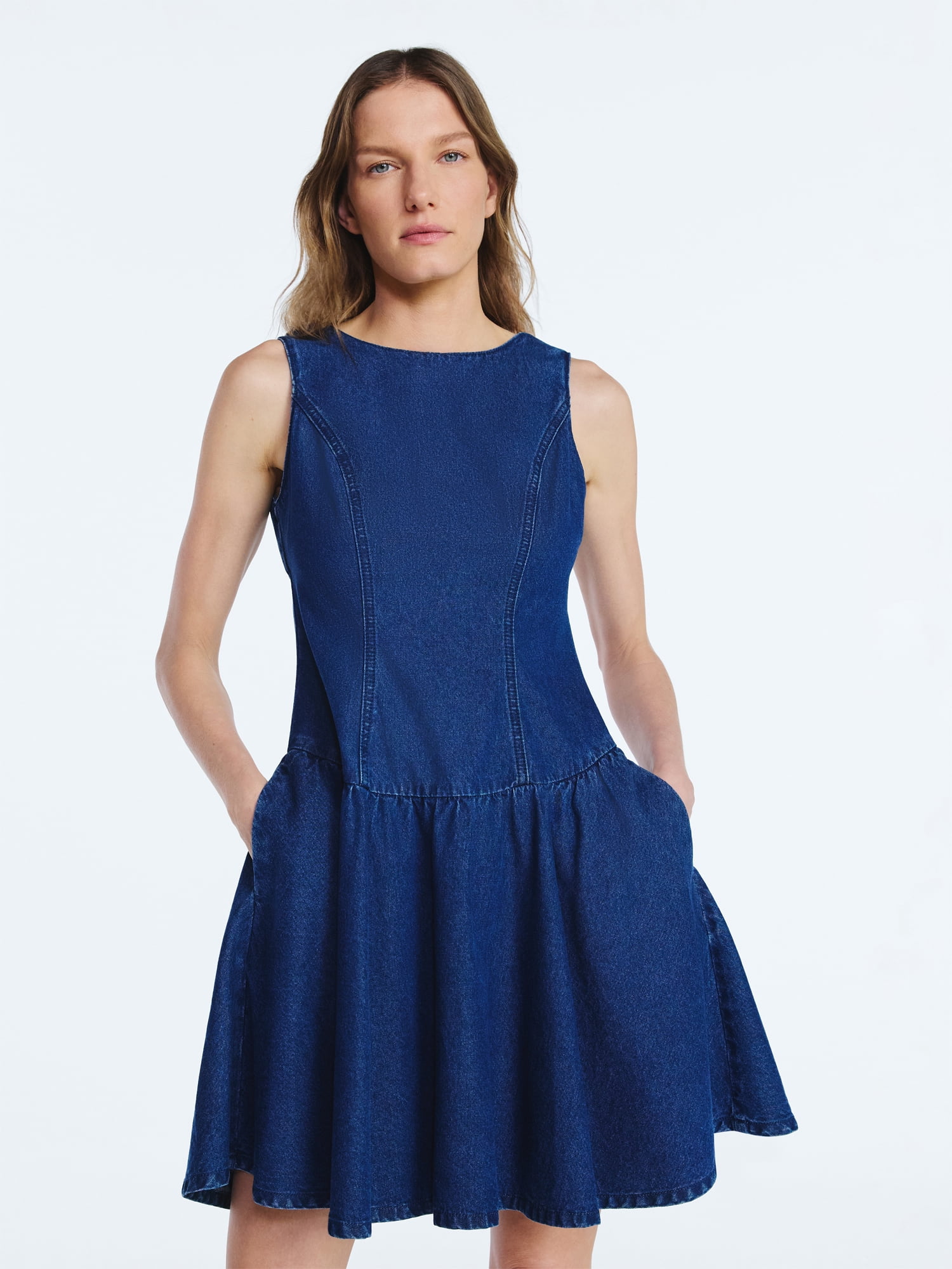 Scoop Women's and Women's Plus Boat Neck Cotton Mini Dress with Drop Waist, Sizes XS-4X