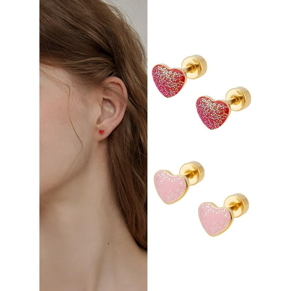 2 Pairs Cute Tiny Sequins Stud Pink Red Enamel Tiny Small Stud Earrings Heart Love Earrings Heart Earrings Initial Earrings Heart Initial Stud Earrings for Women Sensitive Earrings