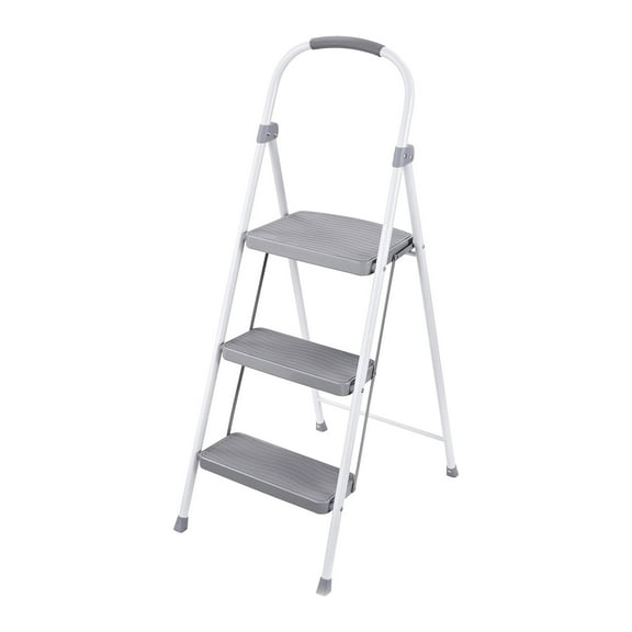 Rubbermaid 3 Step Folding Ladder, Steel Foldable Step Stool, White